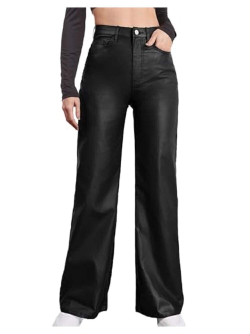 Faux Leather Pants High Waist Straight Leg Trousers with Pockets